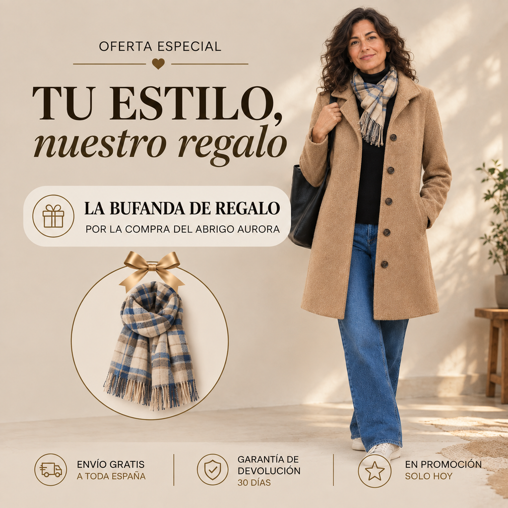 Aurora – Abrigo de Paño Marrón con Bufanda de Regalo
