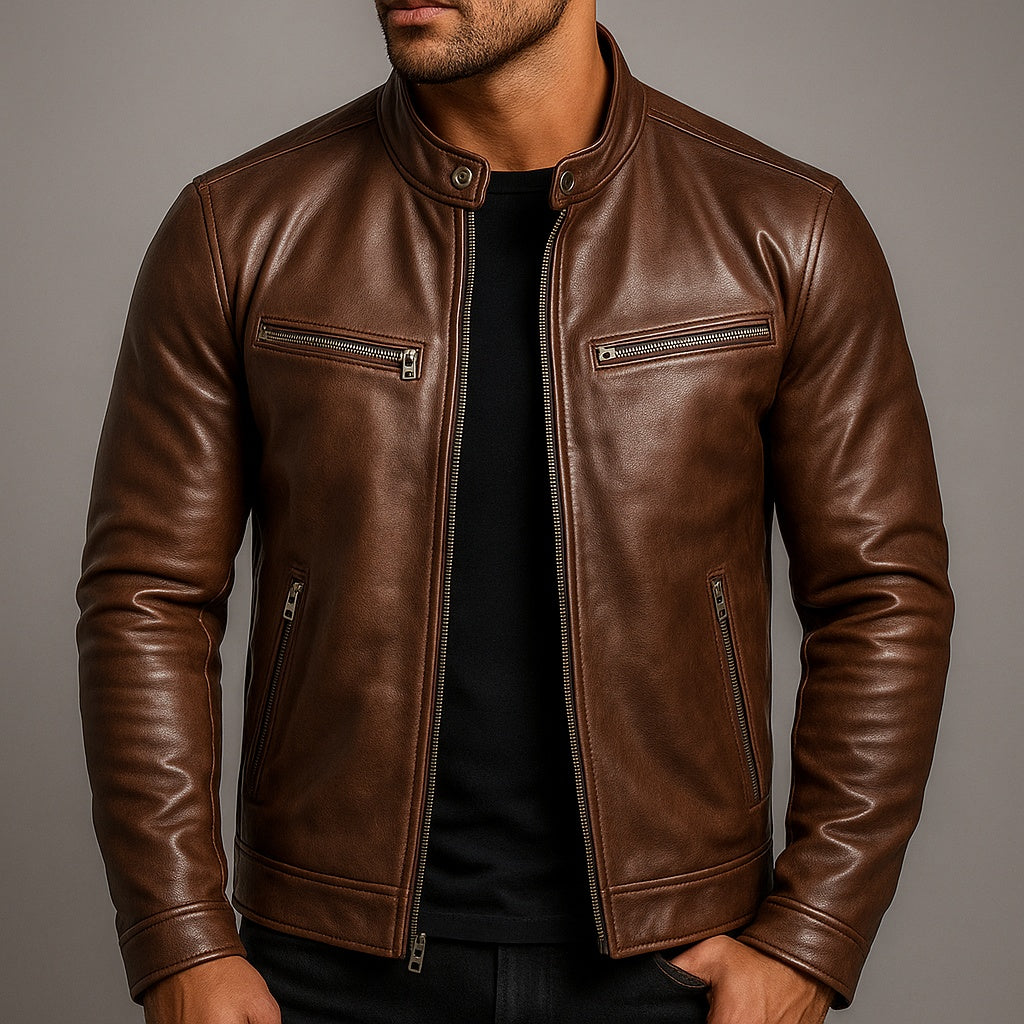 Bruno | Cazadora de Cuero Hombre Cuello Mao Cremallera