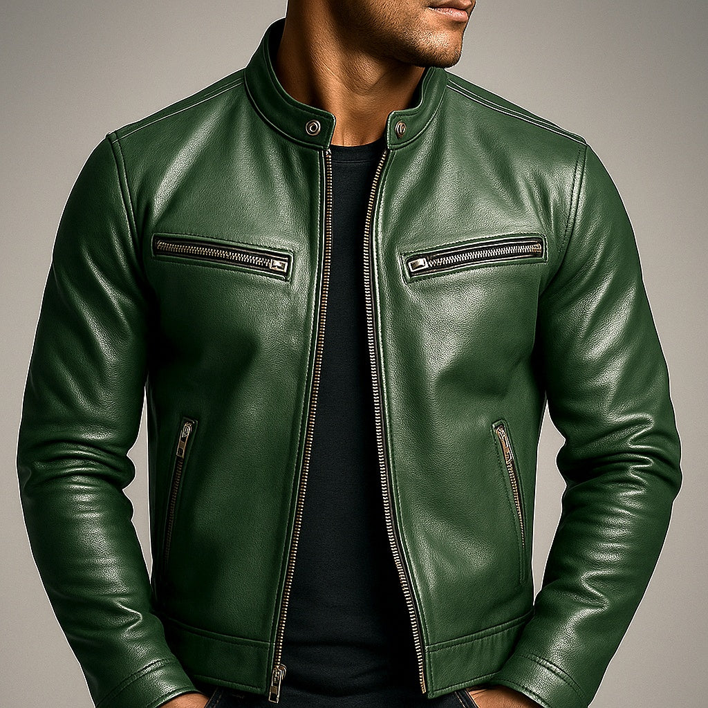 Bruno | Cazadora de Cuero Hombre Cuello Mao Cremallera