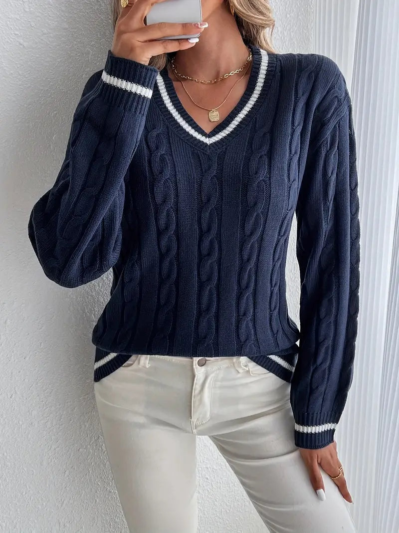 Diana | Jersey de Punto Cableado Mujer Escote V Rayas