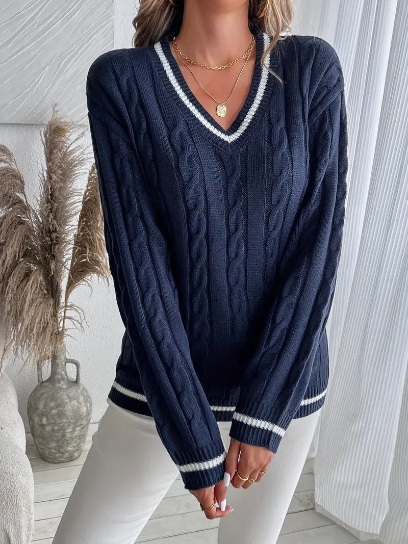Diana | Jersey de Punto Cableado Mujer Escote V Rayas