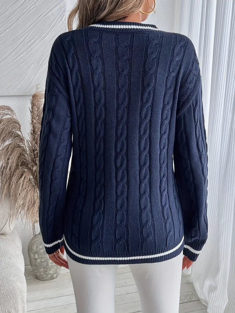 Diana | Jersey de Punto Cableado Mujer Escote V Rayas