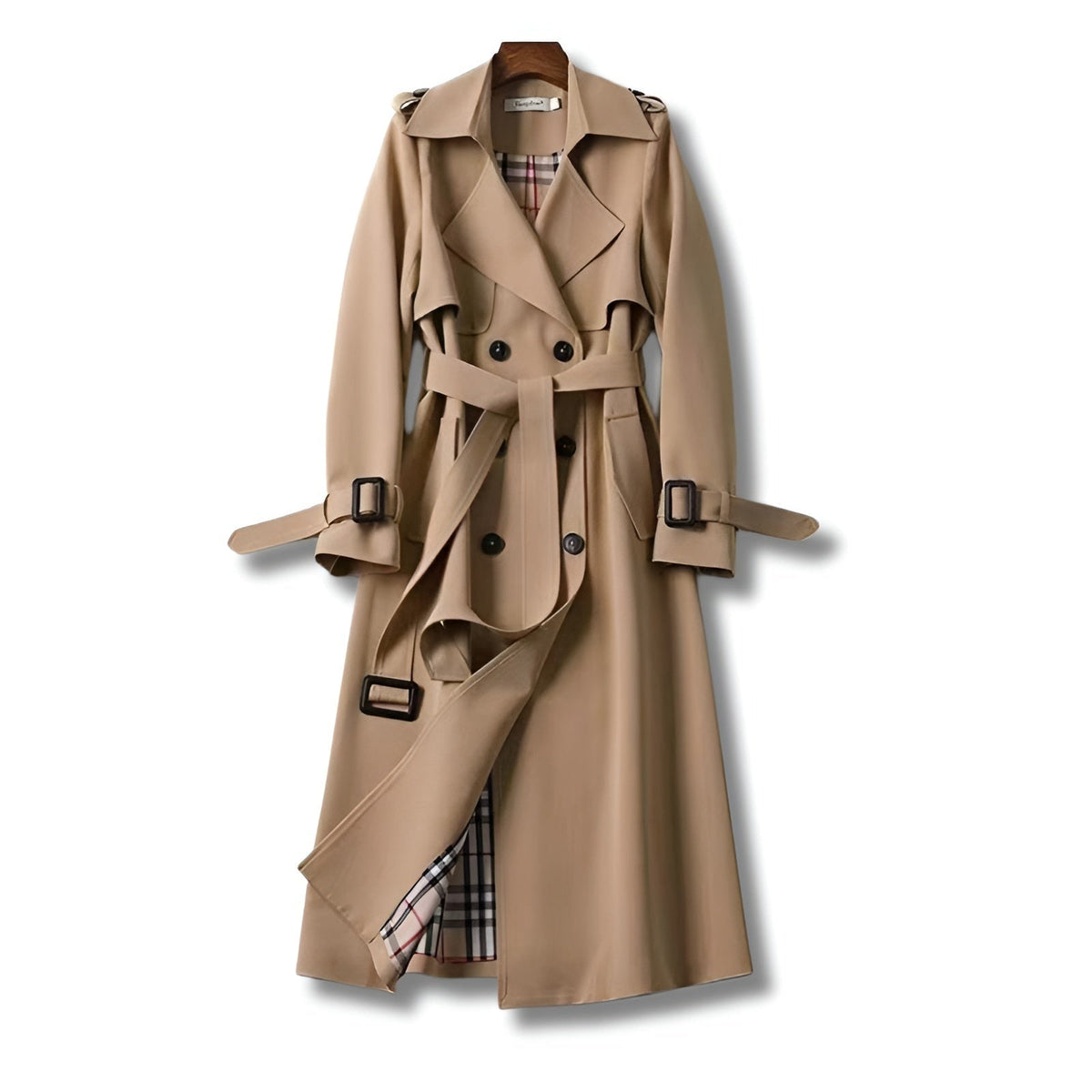 Yolanda | Trench Coat Largo Mujer Cinturón Forro Cuadros