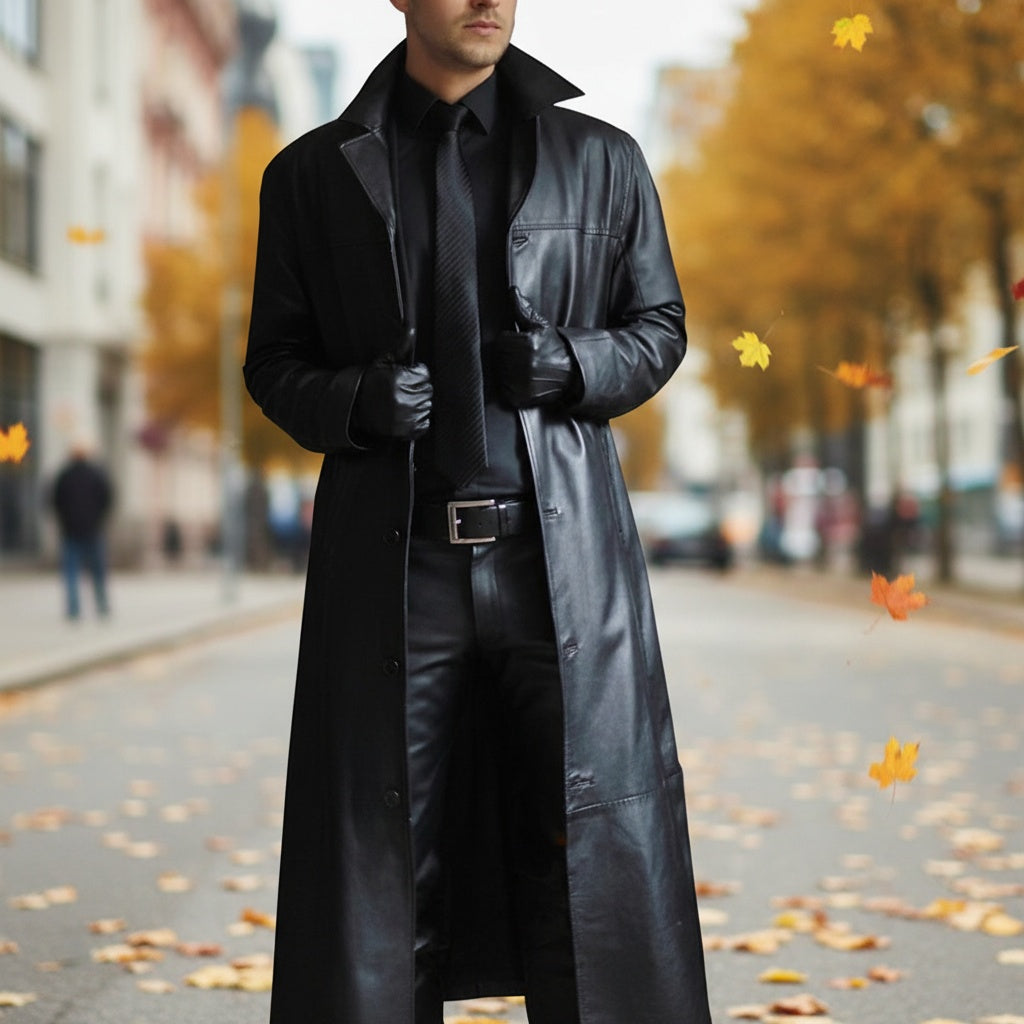 César | Chaqueta de Cuero Larga Hombre Cuello Solapa