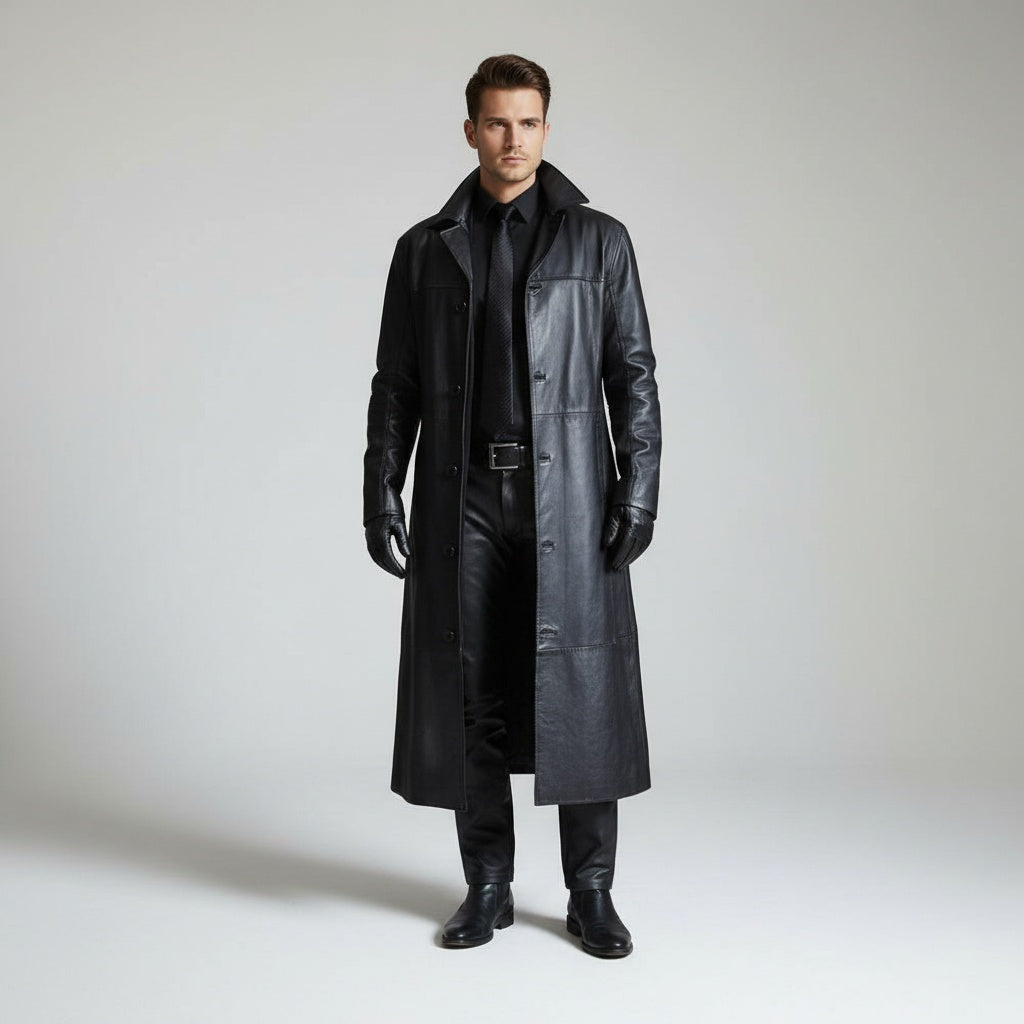 César | Chaqueta de Cuero Larga Hombre Cuello Solapa