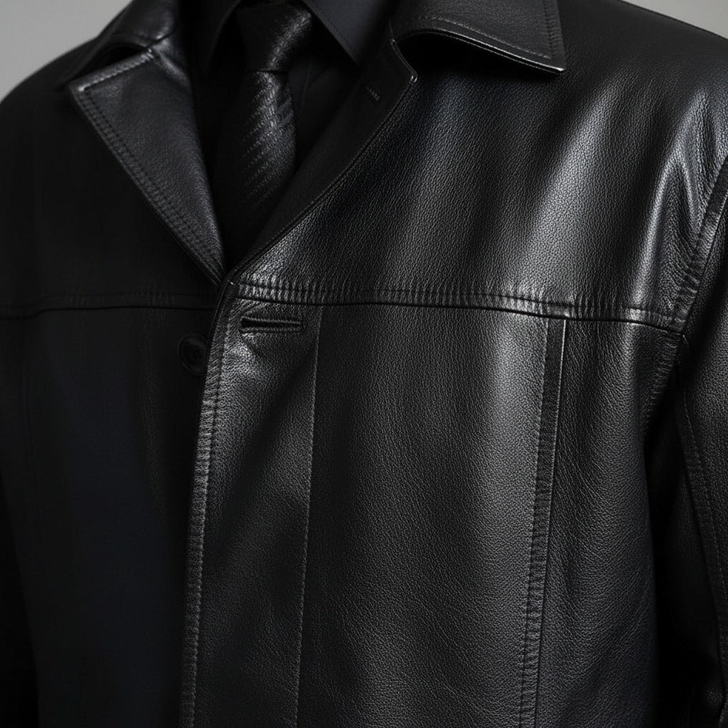 César | Chaqueta de Cuero Larga Hombre Cuello Solapa