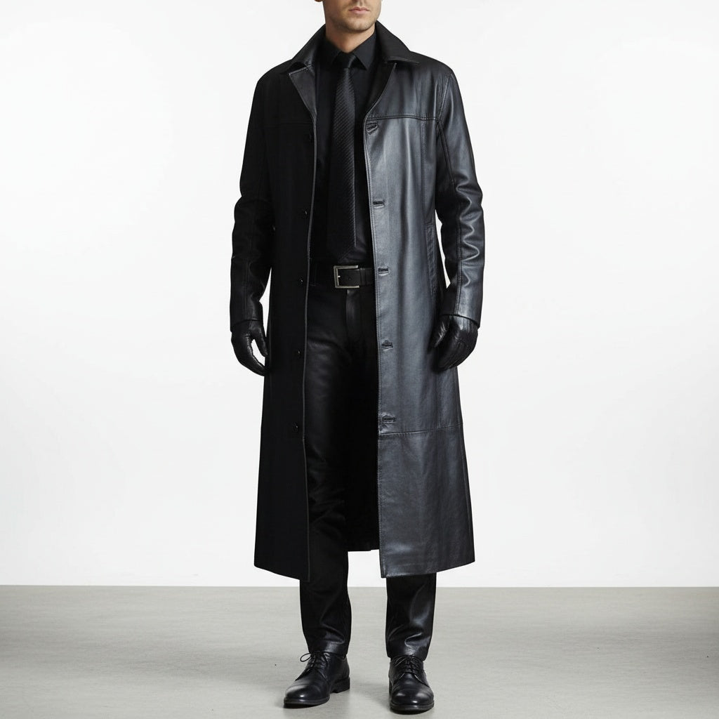 César | Chaqueta de Cuero Larga Hombre Cuello Solapa