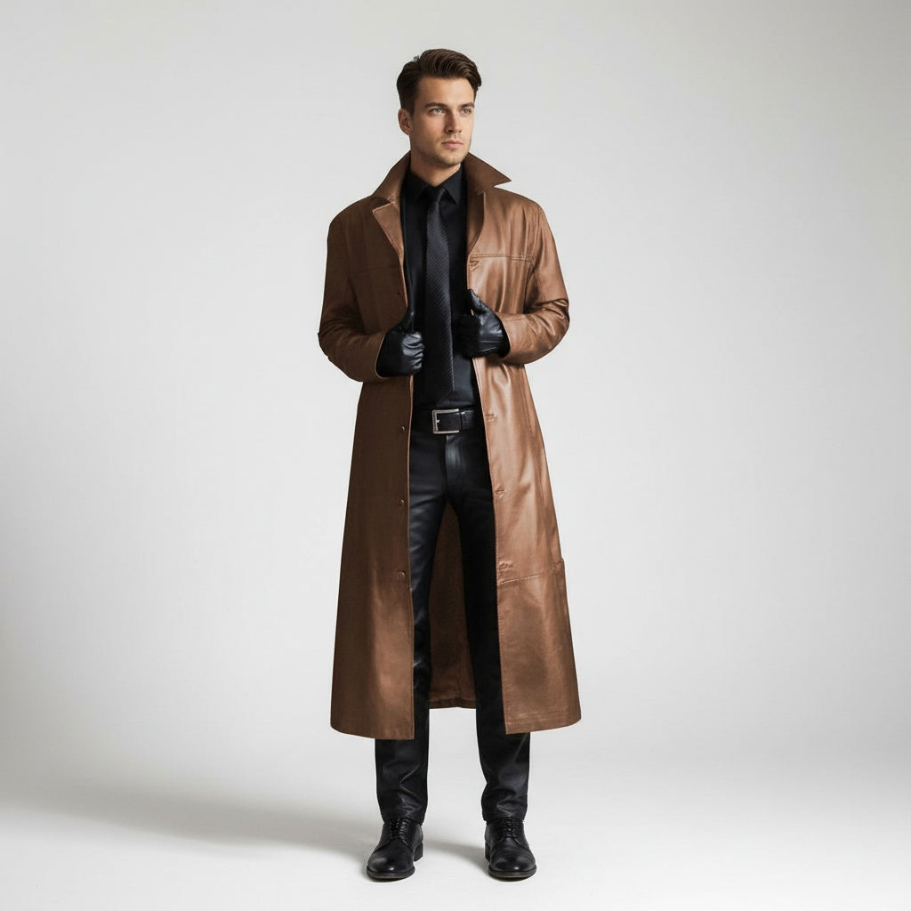 César | Chaqueta de Cuero Larga Hombre Cuello Solapa