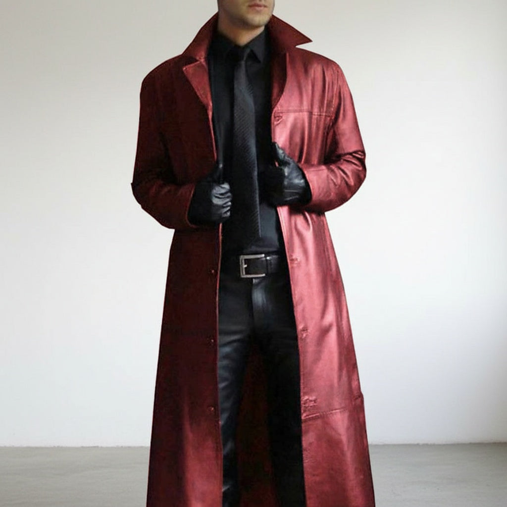 César | Chaqueta de Cuero Larga Hombre Cuello Solapa