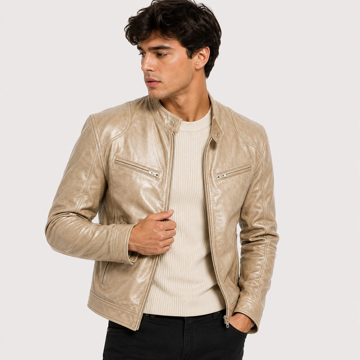 Manuel | Cazadora de Cuero Hombre Cuello Mao Cremallera