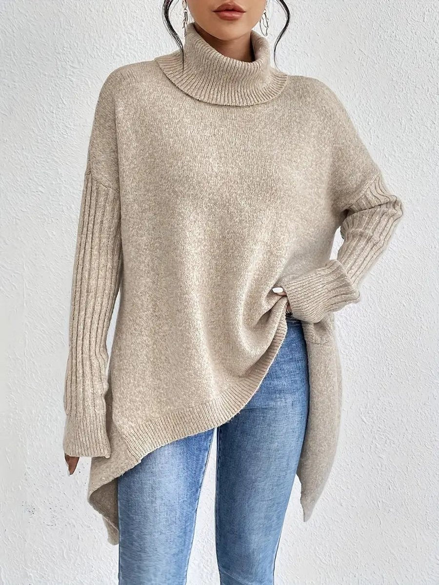 Celia | Jersey de Punto Cuello Alto Oversized Mujer Dobladillo Asimétrico