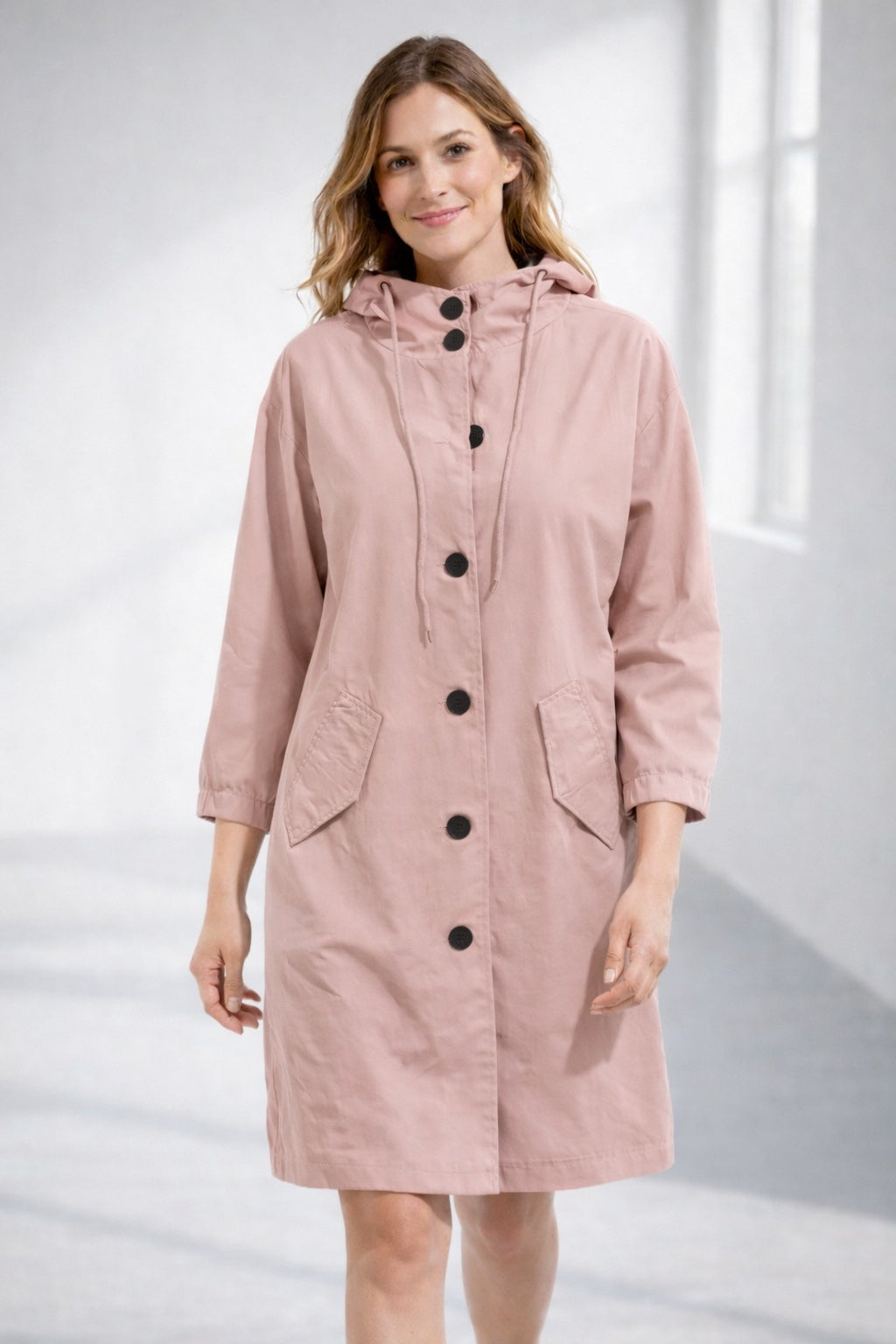 Luz | Chaqueta Larga con Capucha Mujer Botones Manga 3/4