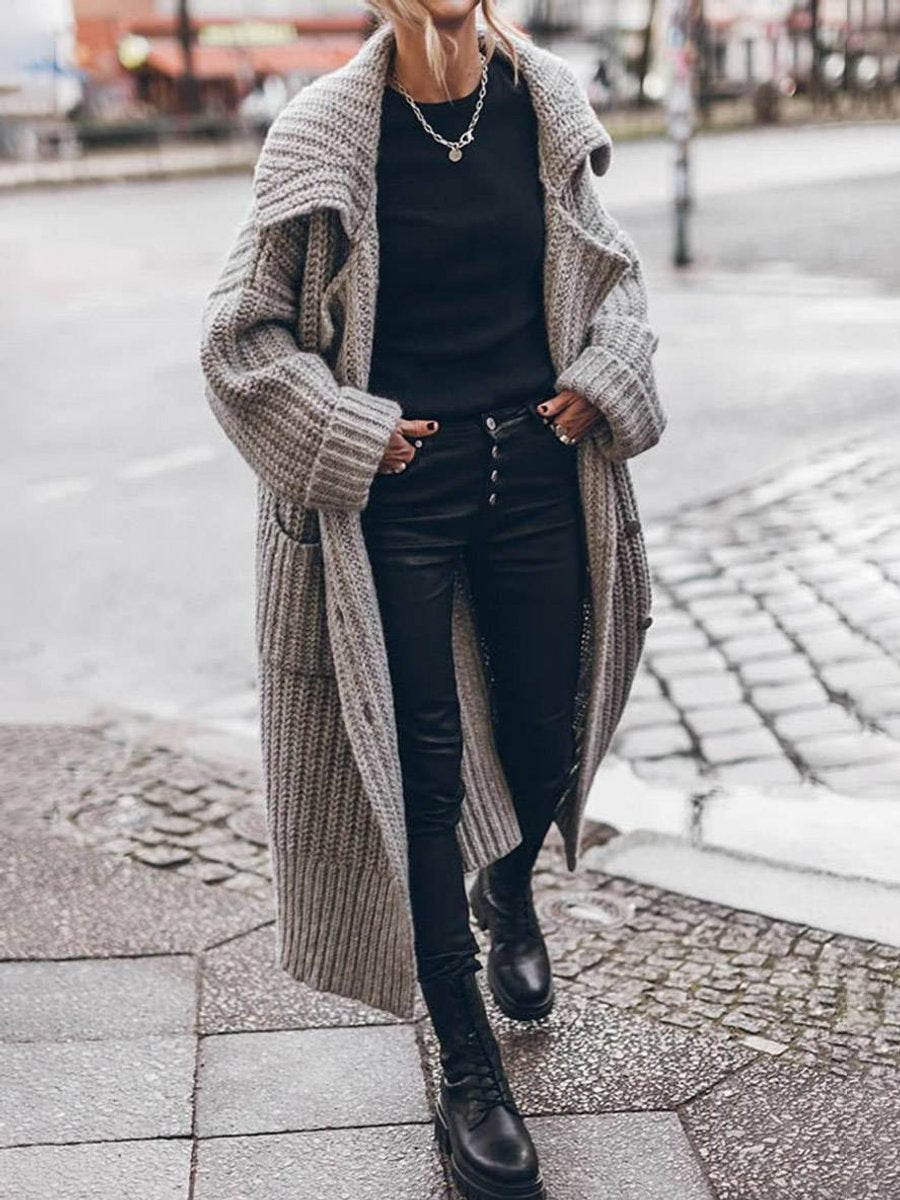 Purificación | Jersey de Punto Largo Oversized Mujer Cuello Solapa Bolsillos