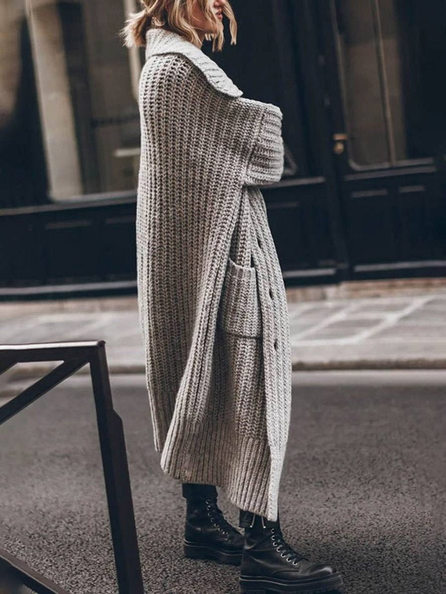 Purificación | Jersey de Punto Largo Oversized Mujer Cuello Solapa Bolsillos