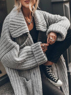 Purificación | Jersey de Punto Largo Oversized Mujer Cuello Solapa Bolsillos