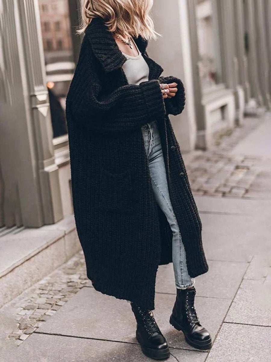 Purificación | Jersey de Punto Largo Oversized Mujer Cuello Solapa Bolsillos