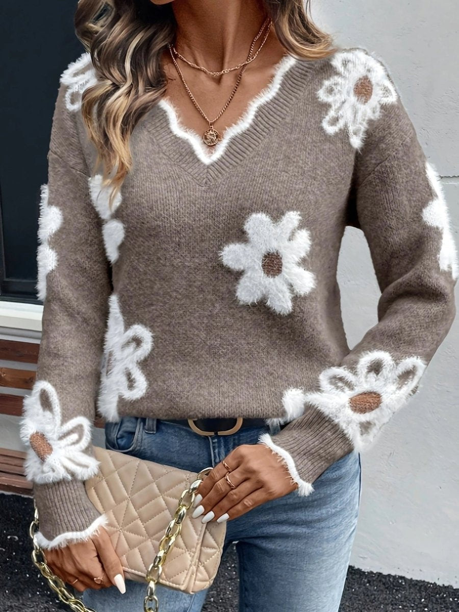 Carmen | Jersey de Punto Floral Mujer Escote en V Estampado Margaritas