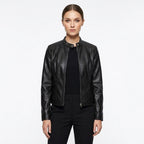 Blanca | Chaqueta Biker de Cuero Mujer Ajustada Cuello Mao