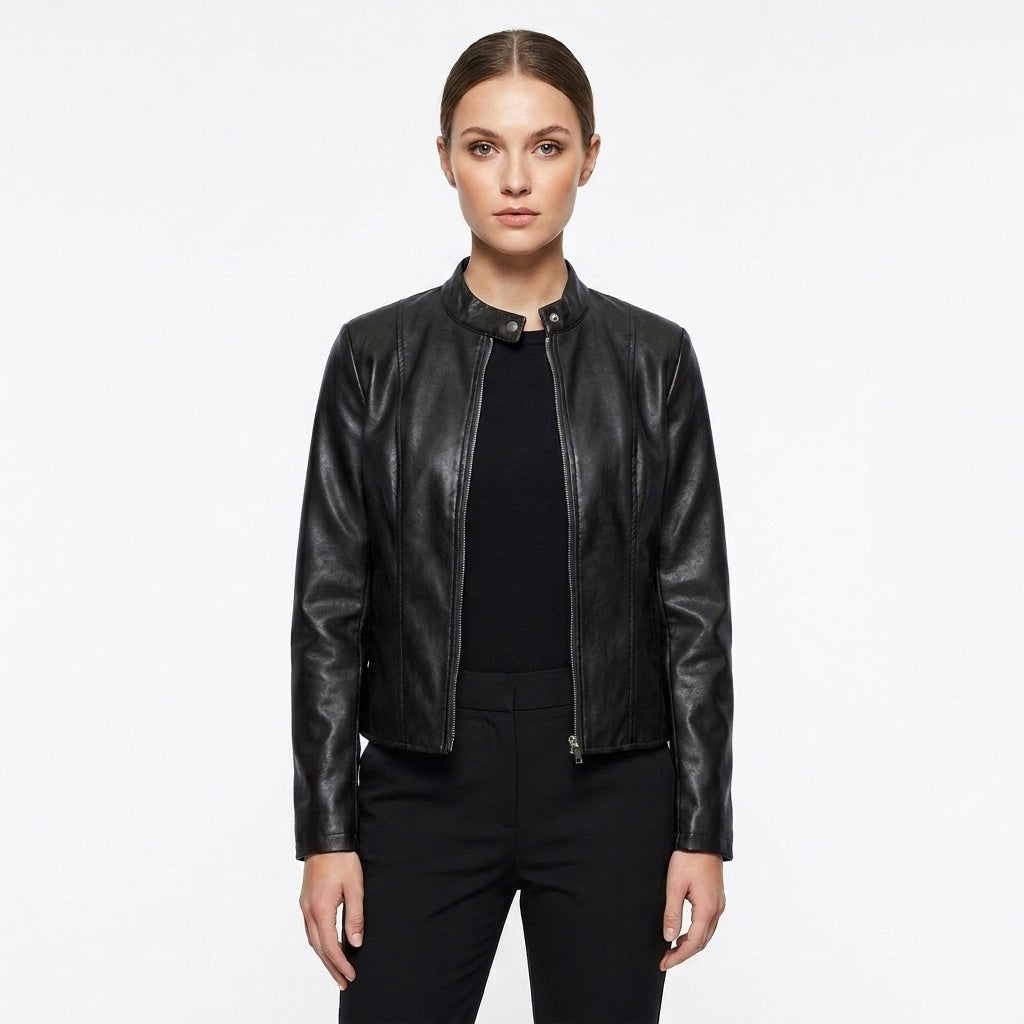Blanca | Chaqueta Biker de Cuero Mujer Ajustada Cuello Mao