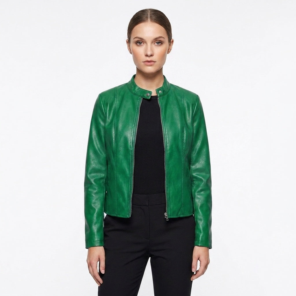 Blanca | Chaqueta Biker de Cuero Mujer Ajustada Cuello Mao