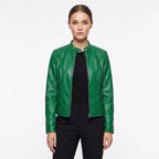 Blanca | Chaqueta Biker de Cuero Mujer Ajustada Cuello Mao