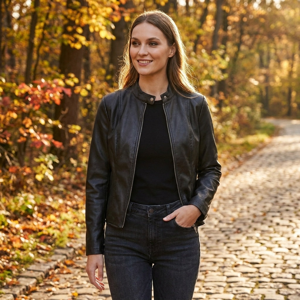 Blanca | Chaqueta Biker de Cuero Mujer Ajustada Cuello Mao