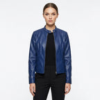Blanca | Chaqueta Biker de Cuero Mujer Ajustada Cuello Mao