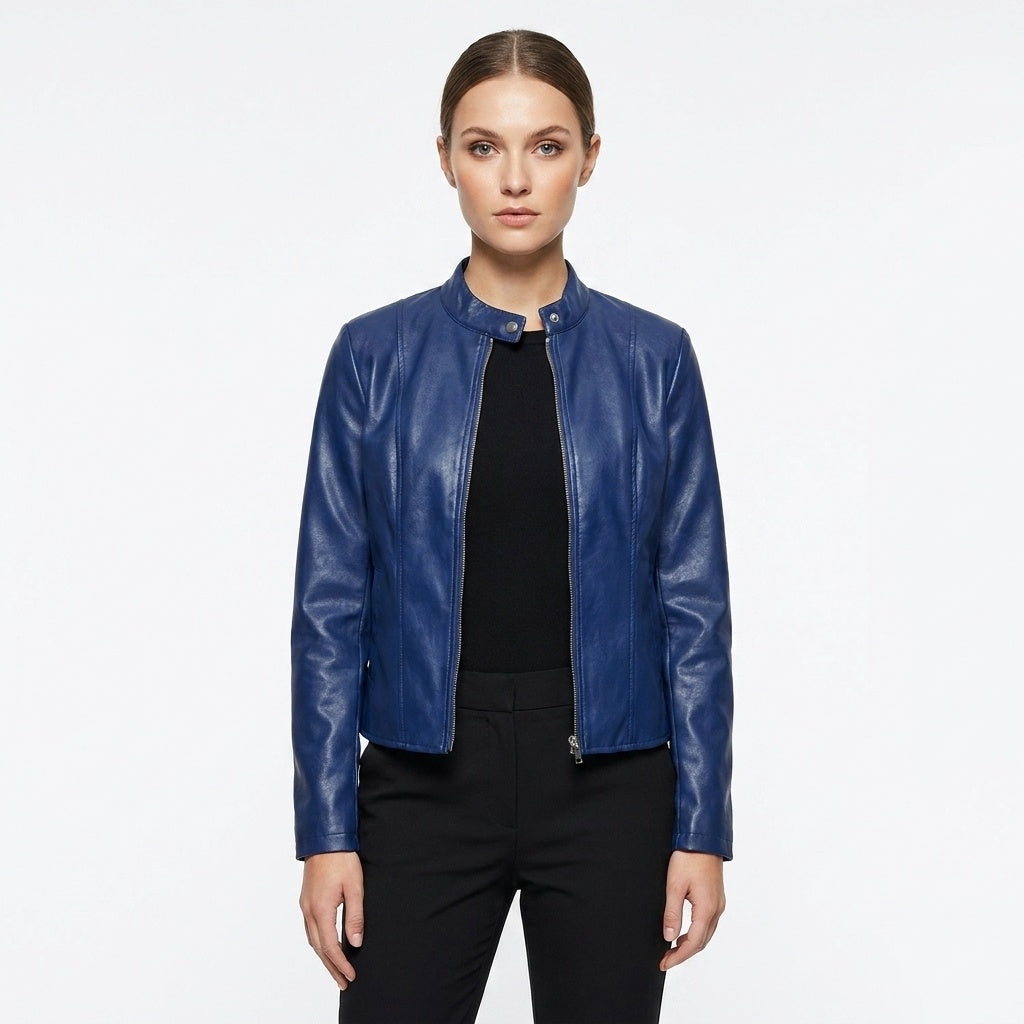 Blanca | Chaqueta Biker de Cuero Mujer Ajustada Cuello Mao