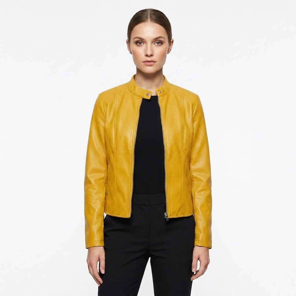 Blanca | Chaqueta Biker de Cuero Mujer Ajustada Cuello Mao