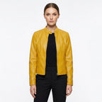 Blanca | Chaqueta Biker de Cuero Mujer Ajustada Cuello Mao