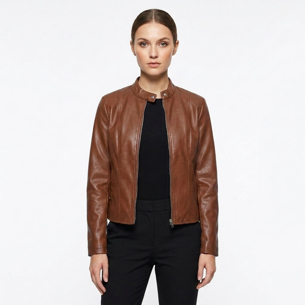 Blanca | Chaqueta Biker de Cuero Mujer Ajustada Cuello Mao