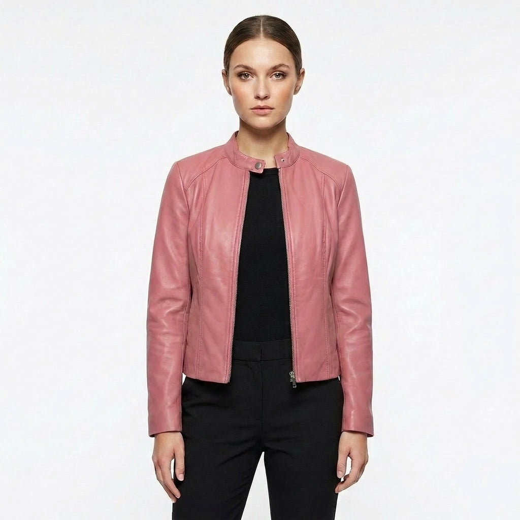 Blanca | Chaqueta Biker de Cuero Mujer Ajustada Cuello Mao