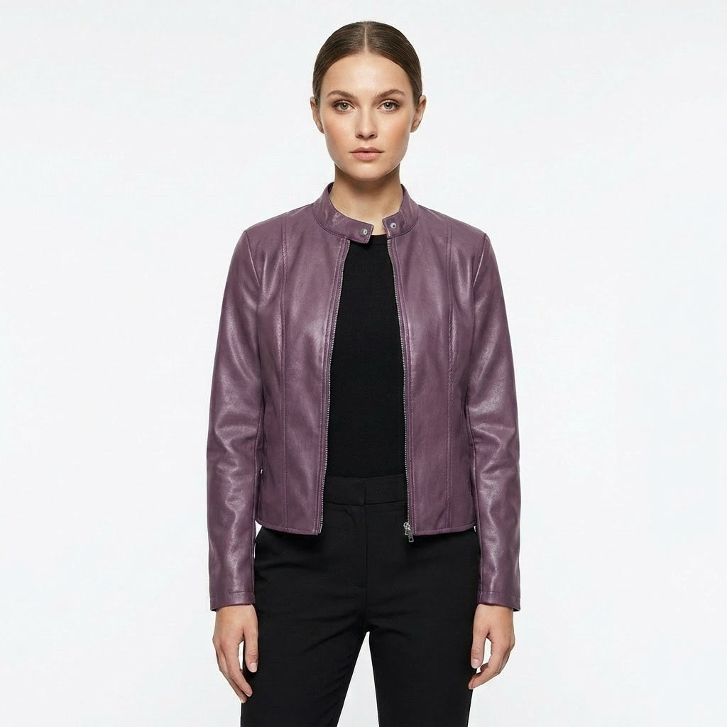 Blanca | Chaqueta Biker de Cuero Mujer Ajustada Cuello Mao