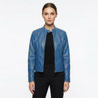 Blanca | Chaqueta Biker de Cuero Mujer Ajustada Cuello Mao
