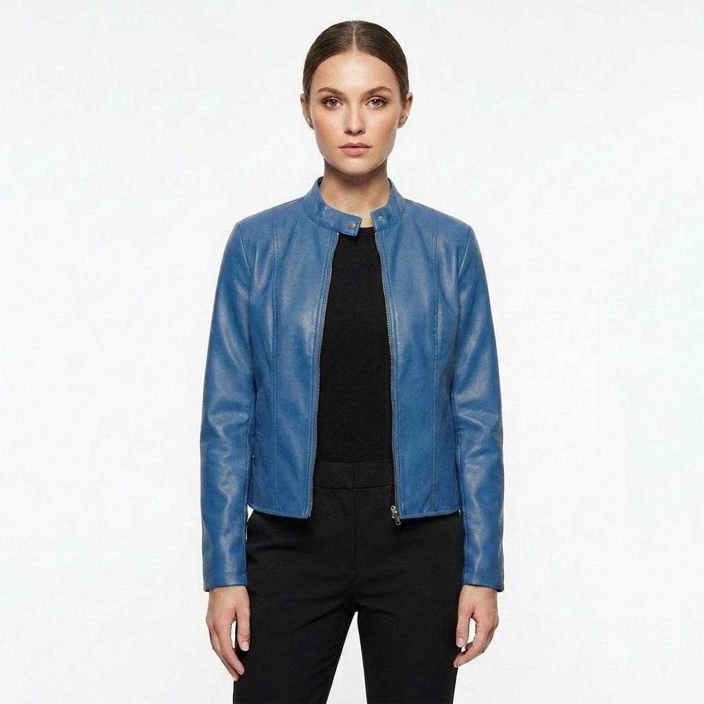 Blanca | Chaqueta Biker de Cuero Mujer Ajustada Cuello Mao