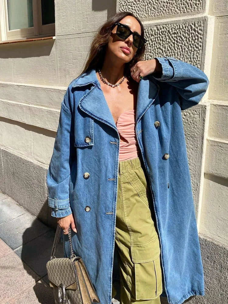 Clemencia | Trench Coat de Denim Largo Mujer Doble Botonadura