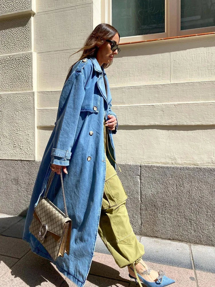 Clemencia | Trench Coat de Denim Largo Mujer Doble Botonadura