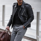 Xavier | Chaqueta de Cuero Biker Hombre Cremalleras Acolchada