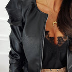 Ainhoa | Chaqueta Biker de Cuero Corta Mujer Manga Abullonada