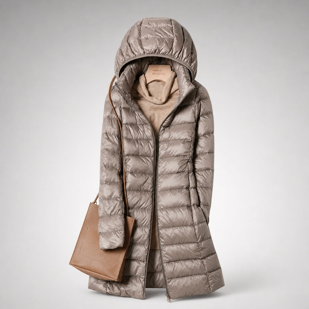 Raquel | Chaqueta de Plumas Larga Mujer con Capucha Acolchada