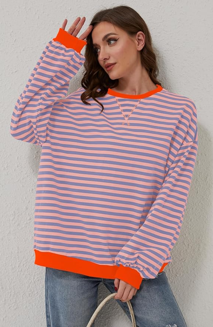 Irene | Sudadera a Rayas Oversize Mujer Cuello Redondo Manga Larga