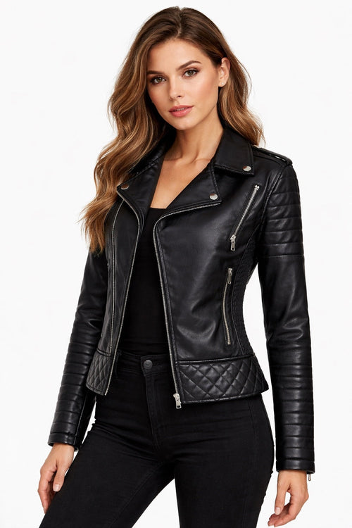 Ainara | Chaqueta Motera de Polipiel Mujer Cremalleras Acolchada