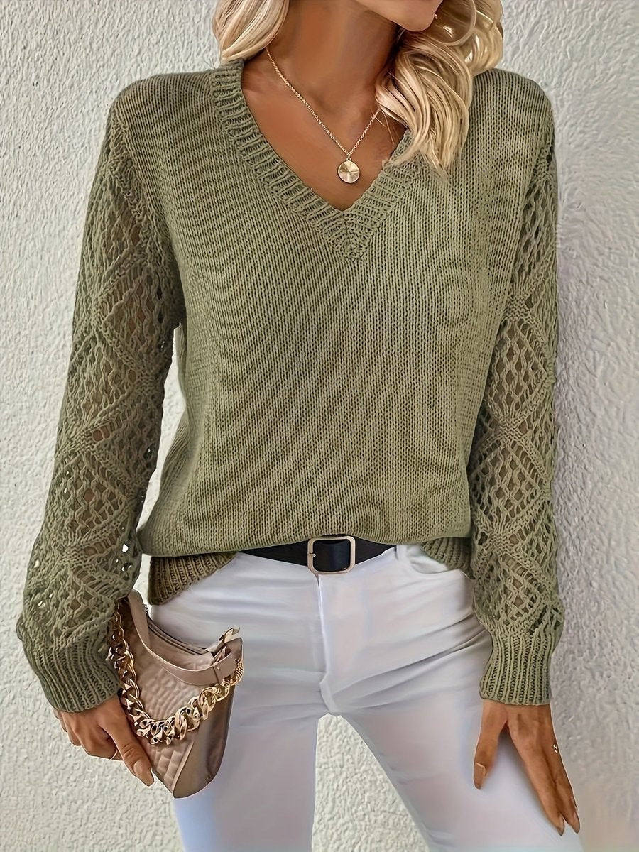 Blanca | Jersey Fino de Punto Mujer Escote V Manga Calada