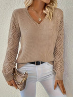Blanca | Jersey Fino de Punto Mujer Escote V Manga Calada