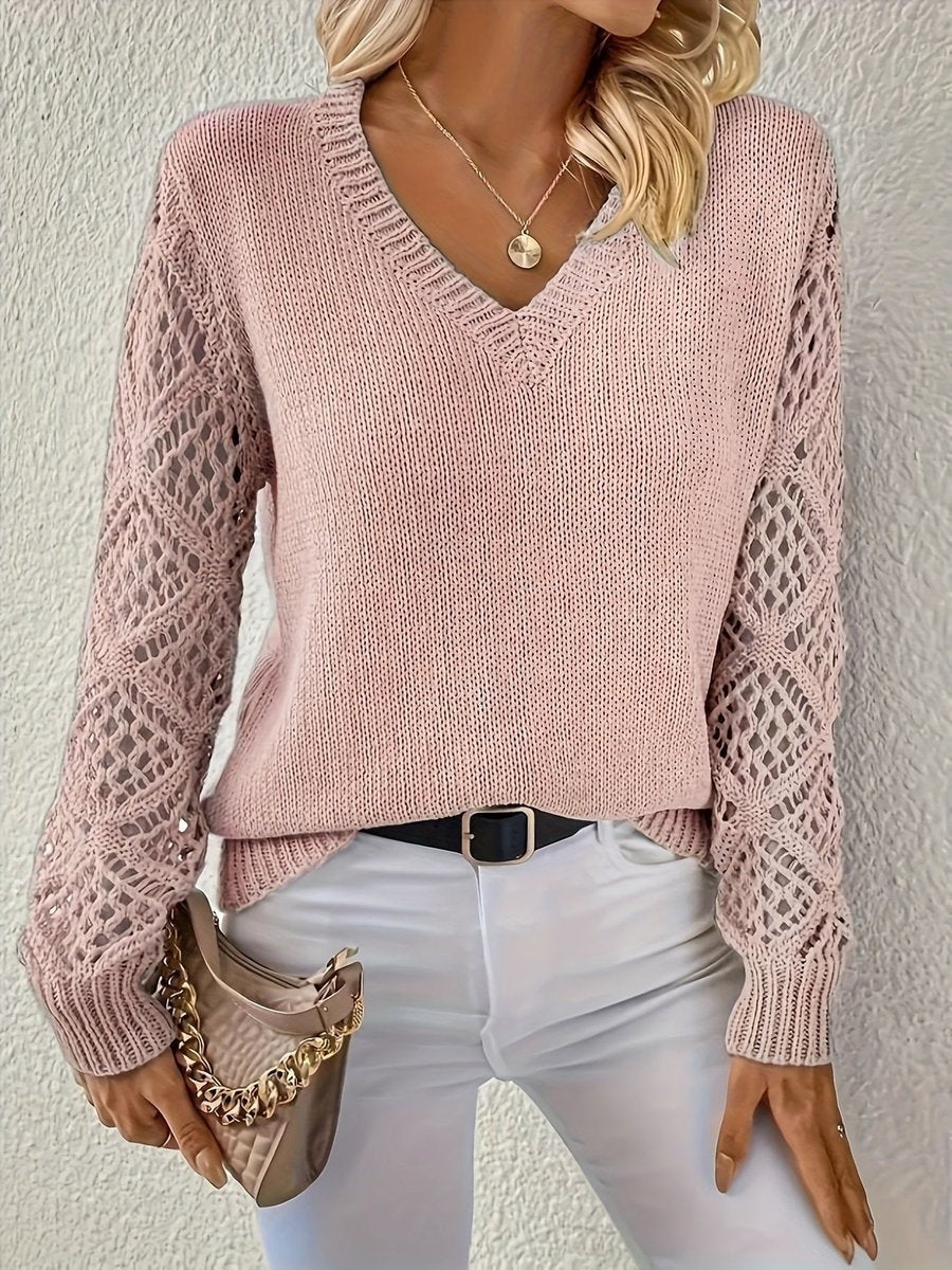 Blanca | Jersey Fino de Punto Mujer Escote V Manga Calada