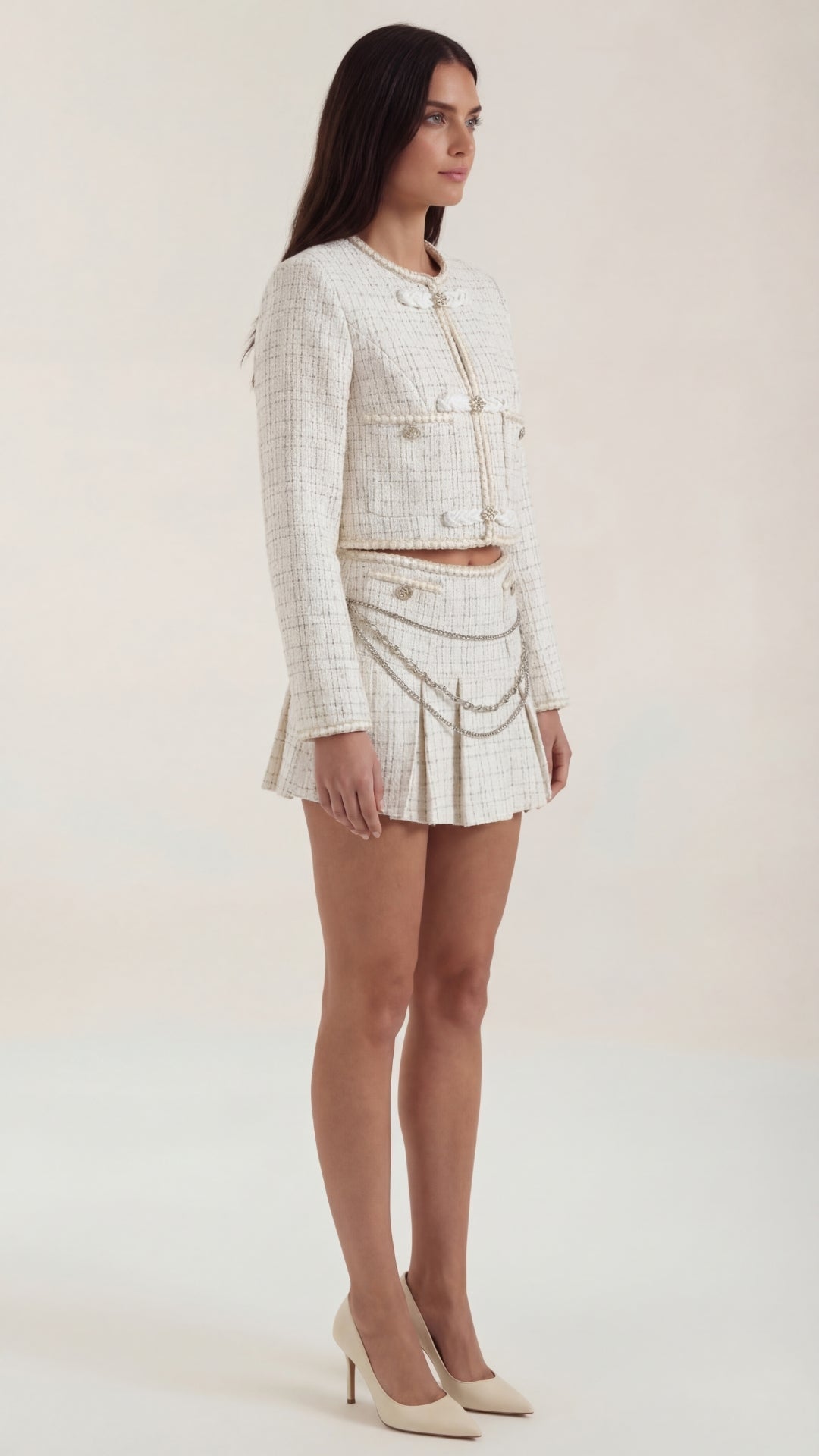 Doris – Conjunto de Tweed Crema con Falda