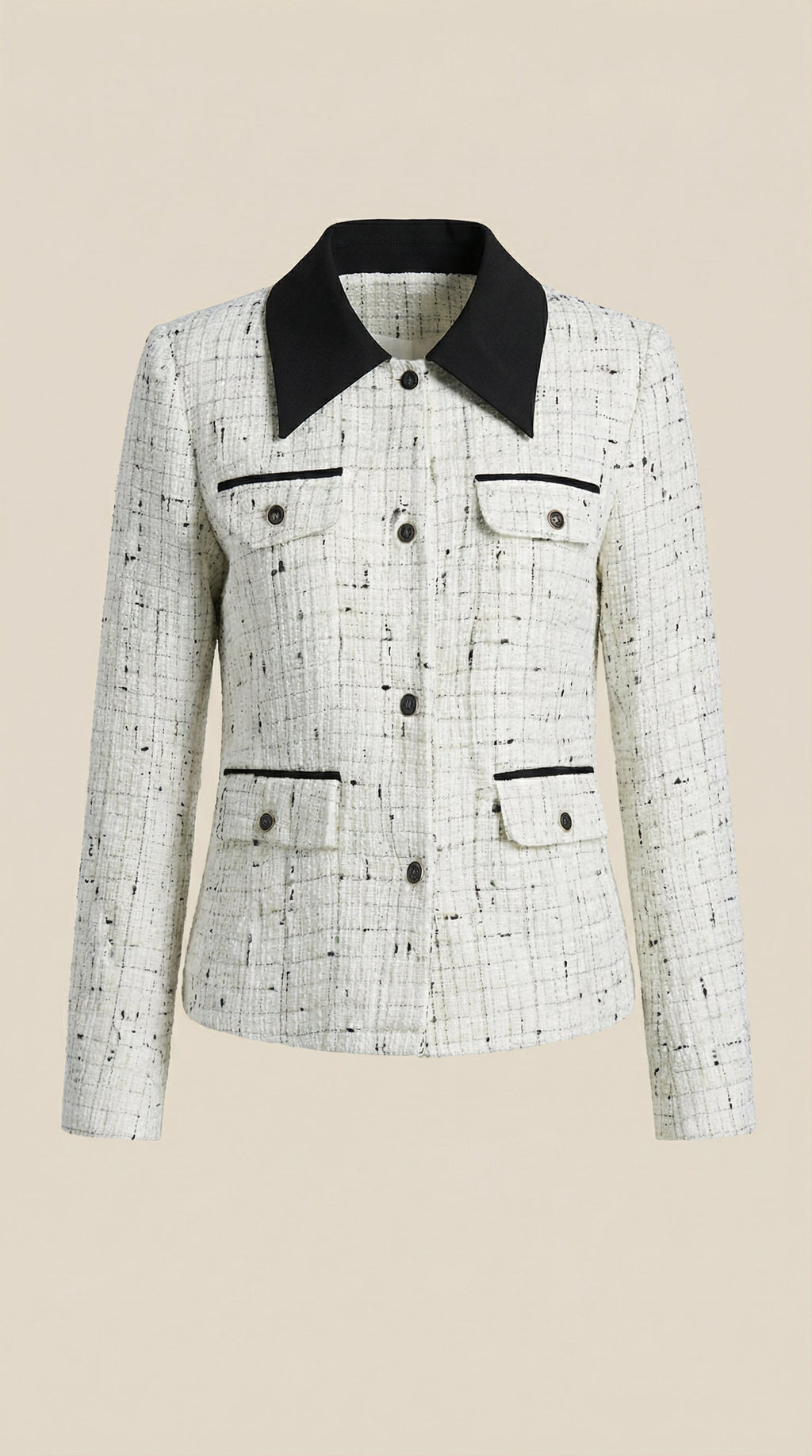 Heidi – Chaqueta de Tweed Blanca con Cuello a Contraste