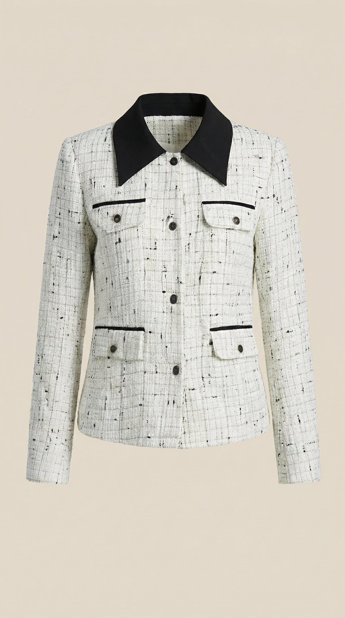 Heidi – Chaqueta de Tweed Blanca con Cuello a Contraste