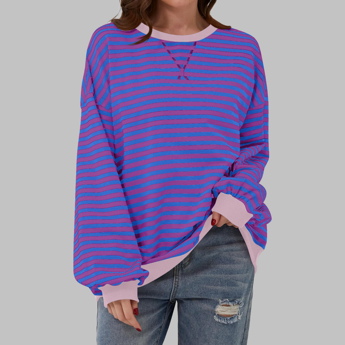 Inés | Sudadera de Rayas Mujer Manga Larga Cuello Redondo Oversize