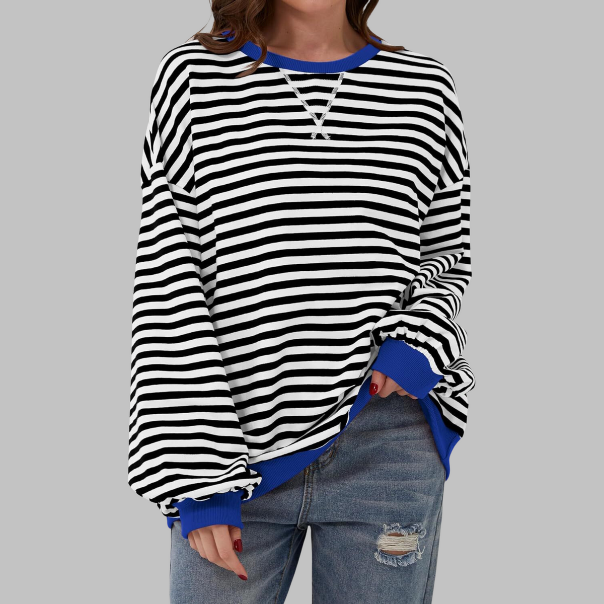 Inés | Sudadera de Rayas Mujer Manga Larga Cuello Redondo Oversize